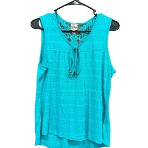 Como Vintage Womens XL Sleeveless Tie Front Top Lace Back Detail Teal‎ Blue